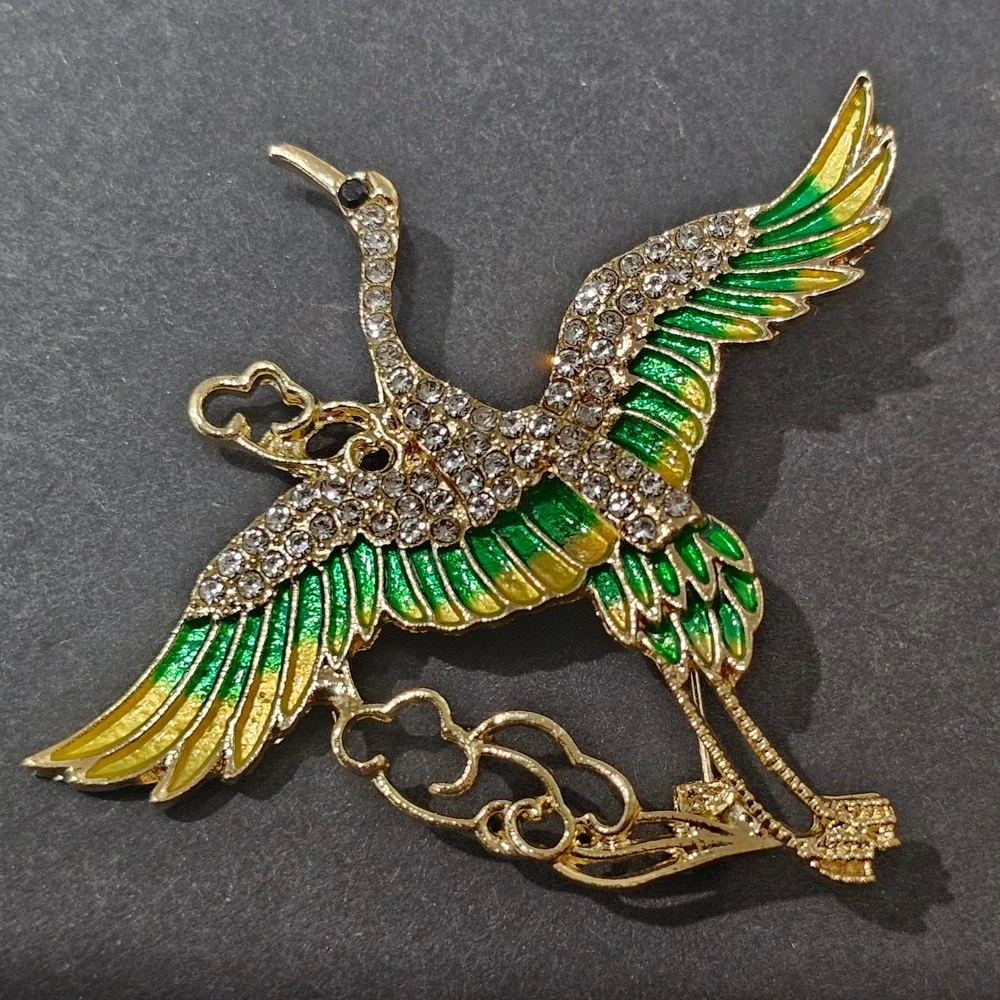 Enamel Rhinestone Bird Brooch Set Grern Orange Gold Phoenix Crane  Statement